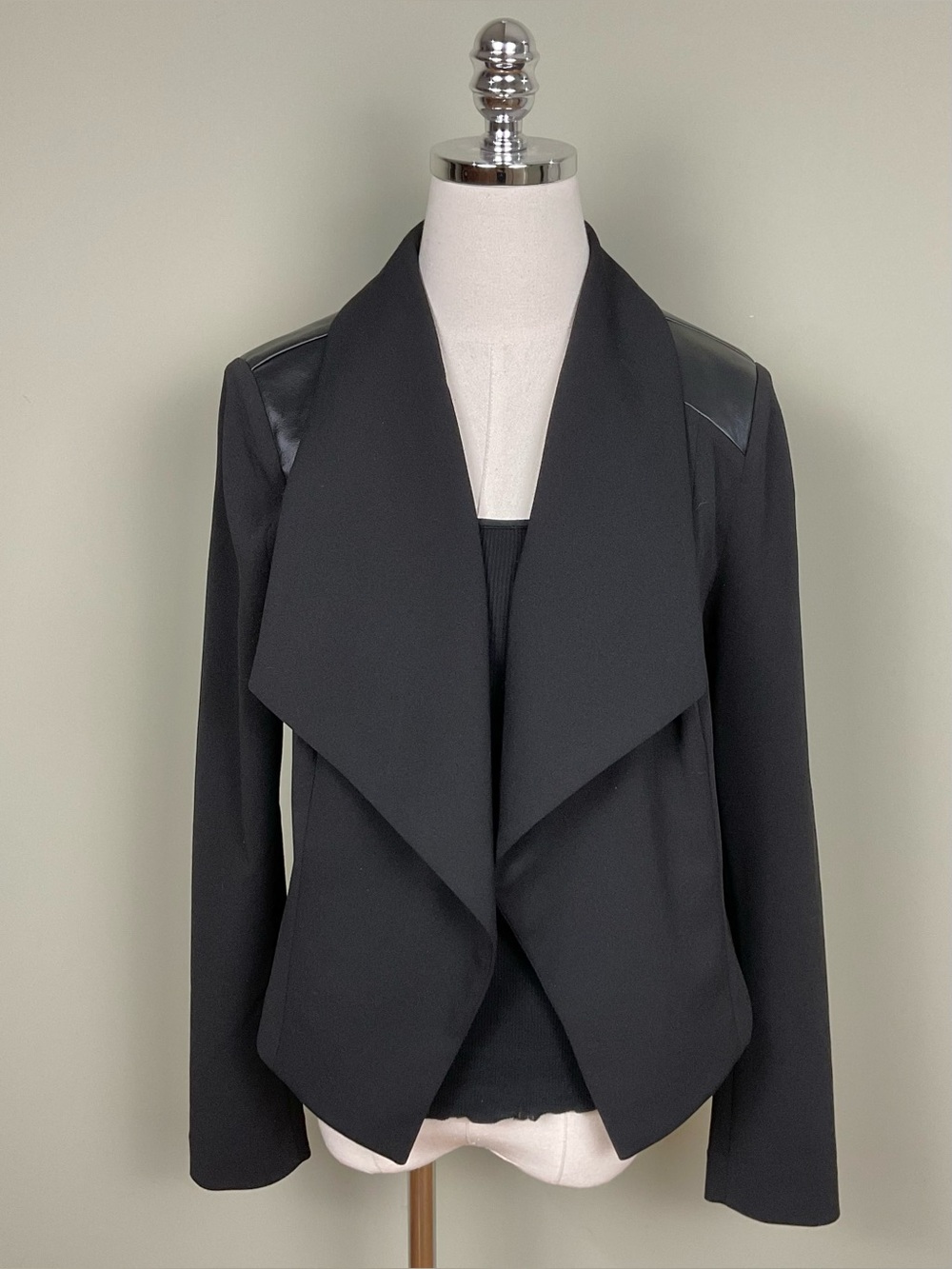 WHBM Black Draped Blazer Open Front Jacket Mixed Media Vegan Sz 10
